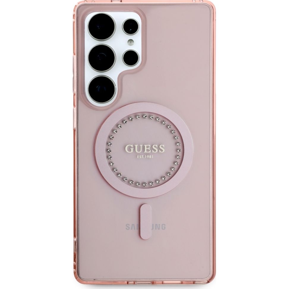 Etui Guess Rhinestones Printed Classic Logo do MagSafe do Samsung Galaxy S25 Ultra, różowe